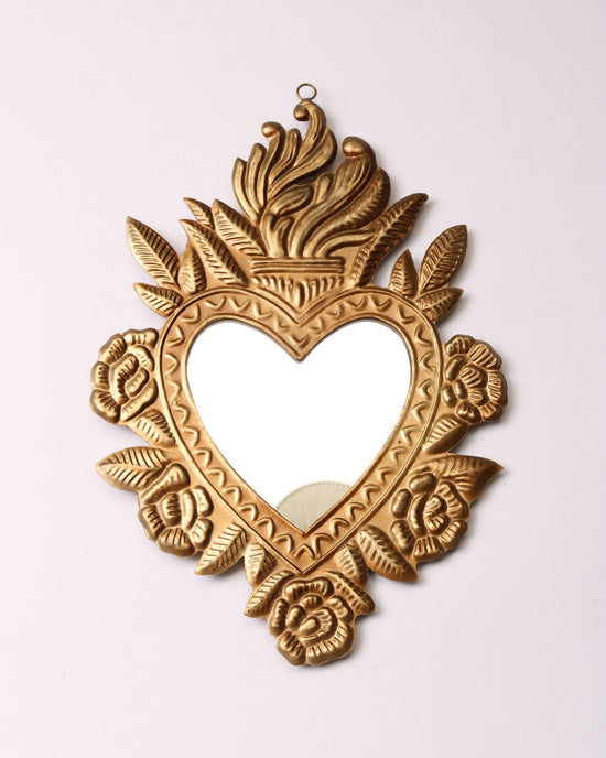 Gold Flaming Floral Heart Mirror Small